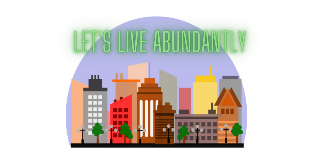 色々なマンションと、Let's live abundantlyの文字のイラスト