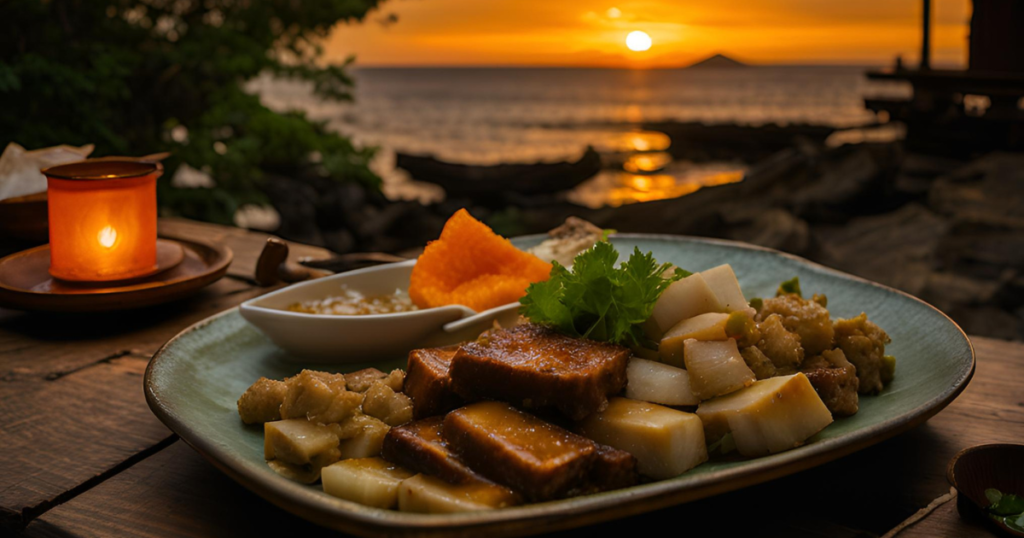 海辺で沖縄料理のディナーをしている写真