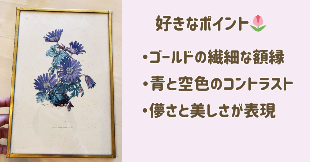 買った額縁の写真　青の花のイラストが挟んである